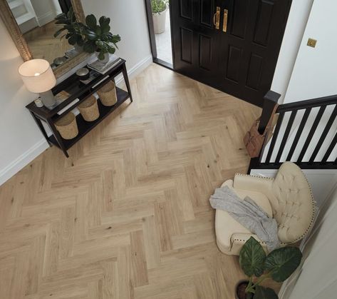 Canadian Urban Oak herringbone planks shown in a modern farmhouse foyer, followed by a close-up angled image. Oak Vinyl Plank Flooring, Herringbone Wood Floor, Herringbone Floor, Best Flooring, Commercial Flooring, Vinyl Plank Flooring, Luxury Vinyl Flooring, Types Of Flooring, Luxury Vinyl Plank