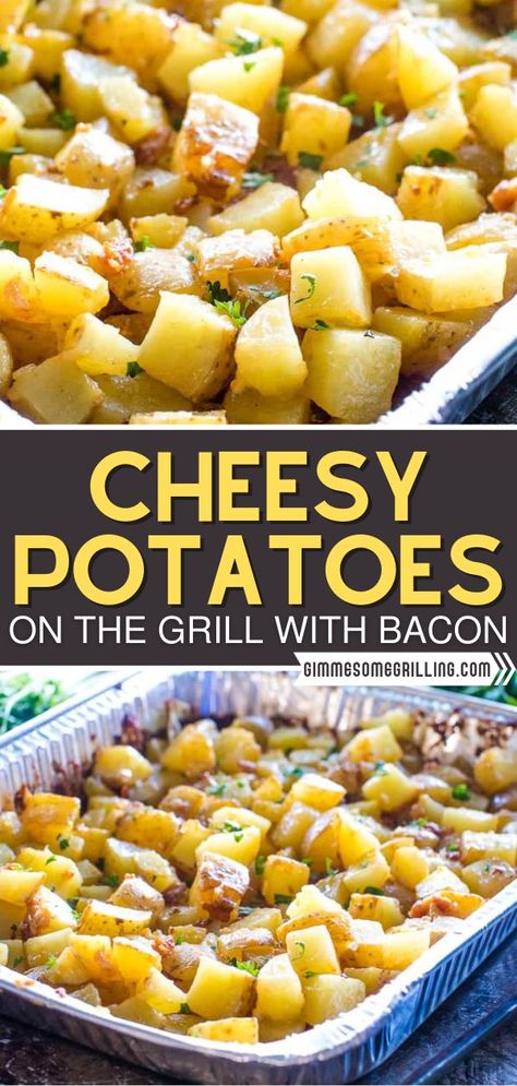 Everyone will love this Christmas potato side dish! Clean up is quick and easy in this favorite recipe, as you toss everything in a foil pan for grilling. Loaded with butter, onions, bacon, and… More Potatoes On The Grill, Harvest Meals, Campfire Pizza, Potatoes Loaded, Potatoes With Bacon, Potato Baked, Grilled Side Dishes, Grilled Recipes, Grilled Foods