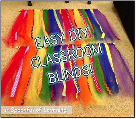 Rainbow Classroom Theme Decor Diy, Diy Preschool Decor, Rainbow Curtains Classroom, Peel And Stick Wallpaper In Classroom, Diy Preschool Classroom, Diy Classroom Curtains, Curtains Diy Easy, Classroom Window Ideas, Paint Classroom