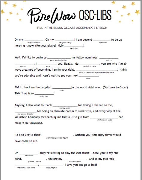 ACADEMY AWARDS ACCEPTANCE SPEECH MAD-LIBS courtesy of purewow.com Oscar Night Party, Award Acceptance Speech, Academy Awards Party, Award Speech, Oscar Night, Awards Party, Mad Libs, 13th Birthday Parties, Acceptance Speech