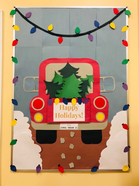 Christmas Truck Bulletin Board, Door Decorations Holiday, Red Truck Door Decorating Contest, Santa Sleigh Bulletin Board, Vintage Christmas Classroom Door, Winter Billboard Ideas, Christmas Tree Farm Door Decorations, Santa’s Workshop Bulletin Board, Happy Holidays Bulletin Board Ideas