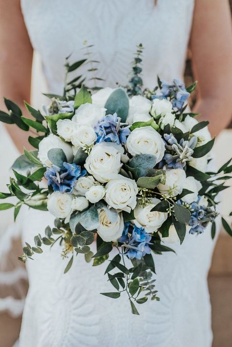 light blue and green eucalyptus and white roses wedding bouquet Light Blue Wedding Colors, Classic Blue Wedding, Madison Wedding, Blue Wedding Bouquet, Logan Utah, Light Blue Wedding, Blue Wedding Flowers, White Bridal Bouquet, Temple Wedding