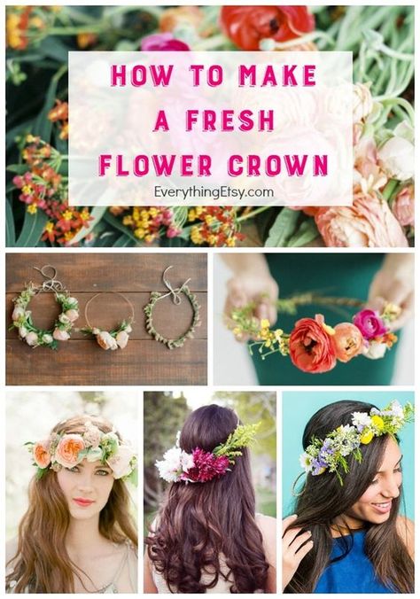 How to make a fresh flower crown {7 Inspiring Ideas} - EverythingEtsy.com Fresh Flower Headpiece, Diy Fresh Floral Crown, Fresh Flower Tiara, How To Make Flower Crowns With Real Flowers, Fresh Flower Headband, Fresh Flower Crown Diy, Crafts With Fresh Flowers, Diy Flower Crown Real Flowers, Flower Headpiece Diy