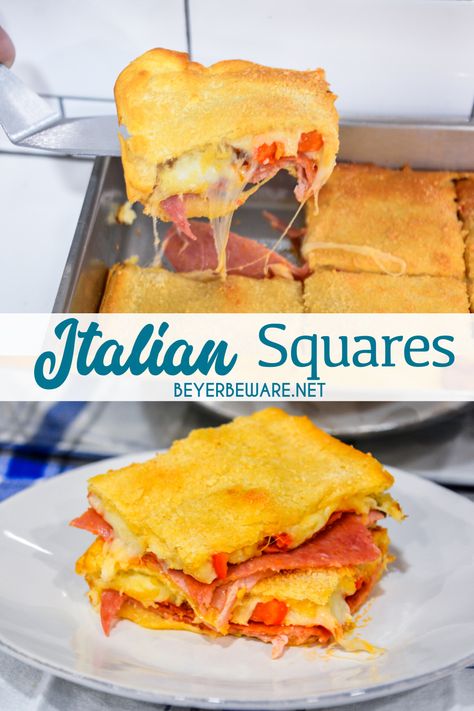 Italian squares are antipasto stuffed crescent rolls that are made with two sheets of a crescent roll dough, ham, salami, pepperoni, pepper rings, and cheese then baked to perfection. #Antipasto #ItalianSquares #Appetizers #Recipes Italian Squares, Antipasto Squares, Crescent Roll Bake, Stuffed Crescent Rolls, Antipasto Appetizer, Pepper Rings, Crescent Roll Crust, Shower Foods, Mom Meals