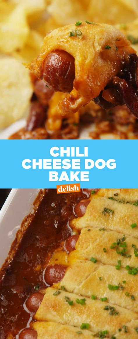 Casserole For A Crowd, Chili Cheese Dog Bake, Chili Dog Casserole, Chili Cheese Dog Casserole, Chili Cheese Dogs, Cheese Dog, Baked Dinner, Chili Dogs, Crescent Roll Recipes