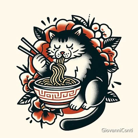 Traditional Ramen Tattoo, Traditional Style Cat Tattoo, Ramen Tattoo Design, Bao Tattoo, Old School Cat Tattoo, Traditional Fan Tattoo, Ramen Tattoo, New School Tattoo Designs, Cat Eating Ramen