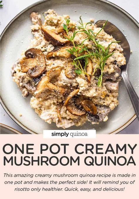 This is amazing Creamy Mushroom Quinoa is the best dish ever! This easy recipe uses just a few ingredients, is great for dinner or as a side, tastes amazing, and is the ultimate healthy dish for the holidays. This recipe is made with mushrooms, quinoa, cashew cream and served with fresh herbs. Vegan, gluten-free, and so easy to make. Quinoa Recipes Dinner, Pilsbury Recipes, Mushroom Side Dishes, Mushroom Quinoa, Vegetarian Quinoa, Quinoa Recipe, Mushroom Dish, Simply Quinoa, Cashew Cream