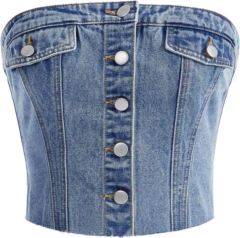 Milumia Women's Button Front Denim Tube Top Raw Hem Strapless Bandeau Jean Tops African Print Skirt Ankara Styles, Denim Tube Top, Denim Bustier, Denim Corset Top, Top Jean, Top Bustier, Mode Zara, Top Jeans, Denim Corset