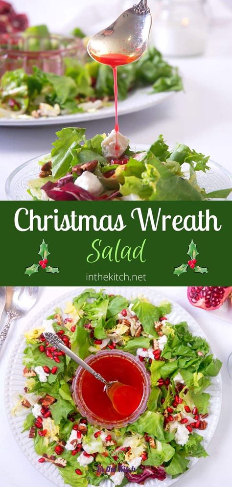 Delight your holiday guests with this stunning Christmas salad wreath. This easy and quick recipe offers a refreshing salad in the shape of a wreath so your guests can serve themselves while they admire your artistic flair. Recipe at inthekitch.net #inthekitch #christmasfood #salads Christmas Wreath Salad, Salad Wreath, Wreath Salad, Salad Recipes Holidays, Red White And Green Christmas, White And Green Christmas, Pomegranate Vinaigrette, Green Christmas Wreath, Christmas Salad Recipes