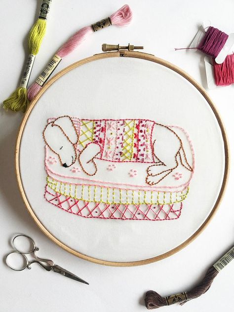 Puppy's Lazy Day Hand Embroidery Pattern PDF Dog | Etsy Arte Dachshund, Beginner Hand Embroidery, Dog Embroidery Designs, Dog Embroidery, Hand Embroidery Kits, Animal Embroidery, Hand Embroidery Pattern, Lazy Day, Vintage Embroidery