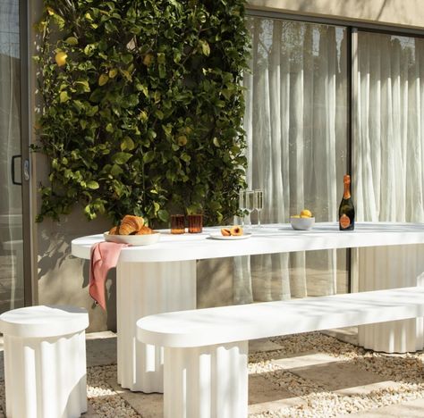 White Outdoor Table, Concrete Outdoor Dining Table, Outdoor Dining Bench, Concrete Outdoor Table, Outdoor Table Tops, Concrete Dining Table, Outdoor Stone, A Pill, Outdoor Furniture Design