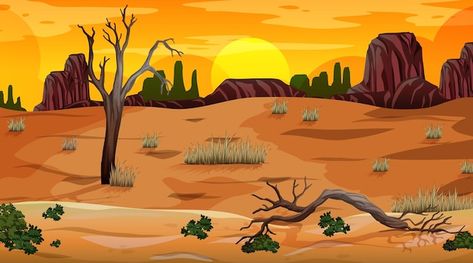 Desert forest landscape at sunset time s... | Premium Vector #Freepik #vector #cartoon-desert #desert-cactus #desert-landscape #desert Dessert Landscaping, Desert Drawing, Biomes Project, Desert Forest, Sunset Time, Water Pollution, Desert Sunset, Desert Plants, Nature Tree