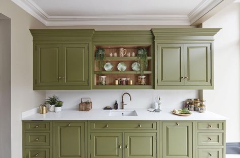 Green Traditional Shaker Kitchen | Fitted Kitchens | Tom Howley Green Shaker Kitchen, Tom Howley Kitchens, Olive Green Kitchen, Tom Howley, Shaker Style Kitchen, Green Kitchen Designs, White Worktop, Open Plan Kitchen Dining Living, Fitted Kitchens