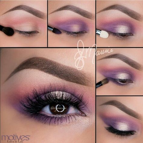 GS Purple Eye Makeup Tutorial, Tutorial Eyeliner, Dag Make Up, Eyeliner Tips, Mekap Mata, Pretty Eye Makeup, Makeup Pictorial, Purple Eye Makeup, Pink Eye Makeup