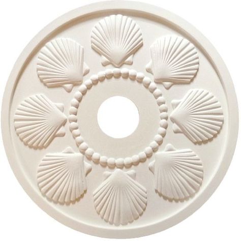 Ceiling Medallion with Shell Motif by Marie Ricci. Featured on Completely-Coastal.com Decor Ceiling, Seashell Decor, Shell Chandelier, Nautical Nursery Decor, Sea Shell Decor, Coastal Bedrooms, Ceiling Medallion, Nautical Nursery, Nautical Home