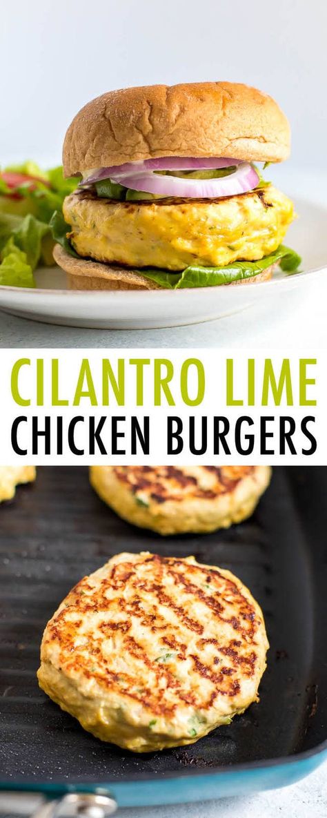 Cilantro lime chicken burgers that are packed with refreshing flavor! The perfect summer main dish. Gluten-free and paleo-friendly. #paleo #glutenfree #chickenburgers #healthyrecipe #cilantro #lime Chicken Burgers Healthy, Ground Chicken Burgers, Eating Bird Food, Chicken Burgers Recipe, Cilantro Lime Chicken, Homemade Burgers, Paleo Lunch, Steak Sandwich, Lime Chicken