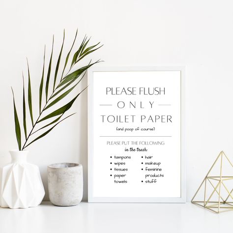 ⭐️Let your guests know about your sensitive septic system with this cute bathroom sign.   Put it where your house guests or Airbnb/VRBO guests won't miss it!  This includes a list of items that are not flushable so there is no confusion what can be flushed.  Make it clear to them to protect your sensitive plumbing! ⭐️This is an instant download PDF file only - print as many times as you like!  Frames are NOT included.  Nothing will be shipped.   ⭐️ACCESSING YOUR DOWNLOAD: ➡️From your Etsy accoun Septic System Sign, Cute Bathroom Signs, Airbnb Checklist, Vrbo Host, Bathroom Printable, Wifi Password Sign, Bathroom Printables, Airbnb House, Wifi Sign