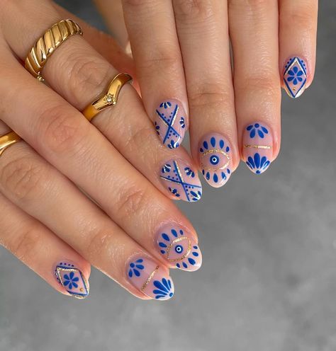 peachi nails (@peachinails) • Instagram photos and videos Short Blue Nail Designs, Evil Eye Nails, Nail Designs Ideas, Boho Nails, May Nails, Hippie Nails, Blue Nail Designs, Almond Acrylic Nails, Short Nail