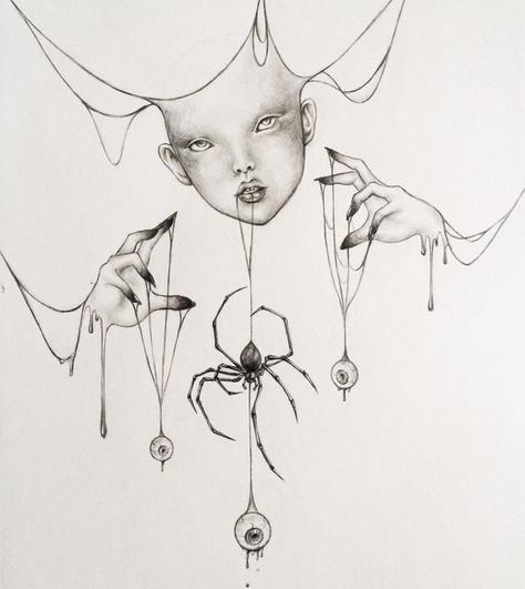 Creepy Spider Web Drawing, Spider Drawing Aesthetic, Spider Art Reference, Spider Sketch Tattoo, Spider Web Reference, Cool Gothic Drawings, Spider In Web Drawing, Drawing Gothic Art, Spider Surrealism