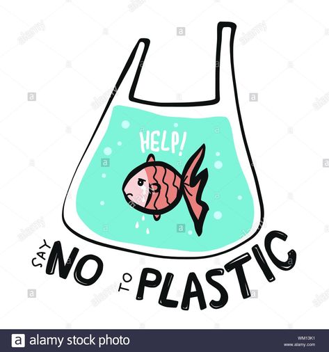 Fish say no to plastic cartoon vector illustration doodle style Stock Vector Planet Vs Plastic Art, Say No To Plastic, Planet Drawing, Bored Board, Illustration Doodle, Love The Earth, Doodle Style, Booklet Design, Game Illustration