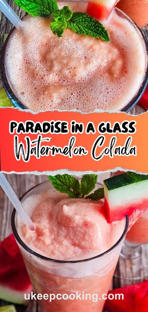 Escape to paradise with our refreshing Watermelon Colada! This tropical drink combines juicy watermelon with creamy coconut for a delicious summer treat. Perfect for cooling down on hot days, this cocktail is a must-try for any tropical drink lover! Watermelon Recipes Drinks, Orange Julius Recipe, Ice Cream Drinks, Slushie Recipe, Juicy Watermelon, Smoothie Drink Recipes, Tropical Twist, Easy Smoothie Recipes, Watermelon Recipes