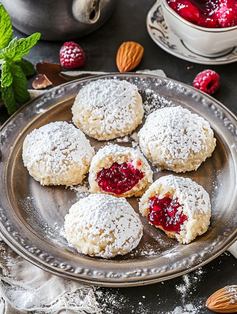 Raspberry Filled Almond Snowball Cookies 🍪  𝗜𝗻𝗴𝗿𝗲𝗱𝗶𝗲𝗻𝘁𝘀 🍩 1 cup unsalted butter, softened 🧈 1/2 cup powdered sugar, plus extra for dusting 🍩 1 teaspoon vanilla extract 🍦 1 teaspoon almond extract 🌰 2 cups all-purpose flour 🌾 1/4 teaspoon salt 🧂 1 cup finely chopped almonds 🌰 1/2 cup raspberry jam (for filling) 🍇 Raspberry Filled Almond Snowball Cookies, Almond Snowball Cookies, Raspberry Cookies, Snowball Cookies, Almond Extract, Raspberry Filling, Raspberry Jam, Cookies Ingredients, Powdered Sugar