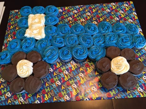 Little blue truck cupcake cake! Blue Tractor Cake, Blue Tractor Birthday Party, Tractor Cupcake Cake, Tractor Cakes, Little Blue Truck Birthday Party, Blue Truck Birthday Party, Birthday Cake Boys, Tractor Cupcakes, Tractor Baby Shower