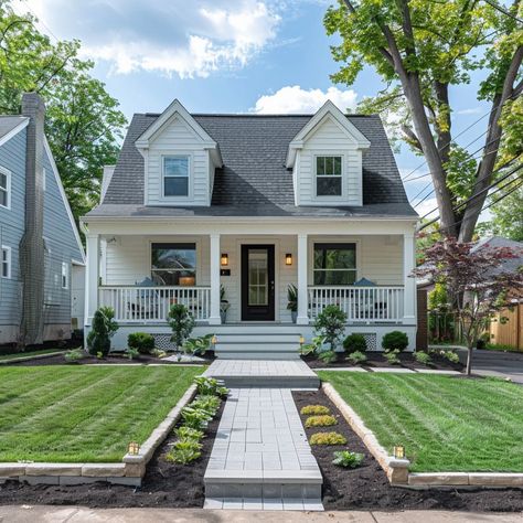 Cape Exterior Colors, Painted Brick Cape Cod Exterior, Cape Cod House Front Porch, Cute Cape Cod House, Cape Cod Exterior Remodel Modern, Cape Cod With Addition, House With Dormers And Front Porch, Cape Cod House Exterior Remodel, Cape Cod House Aesthetic