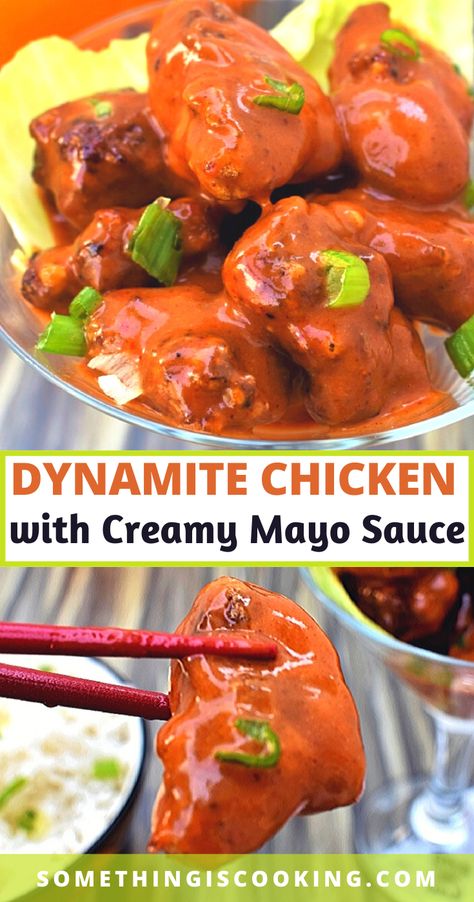 Dynamite Chicken is made with batter-fried crispy chicken chunks served in a bed of dynamite sauce - creamy, spicy and tangy mayo sauce. Dynamite Chicken Recipe, Shrimp Dynamite, Mayo Sauce Recipe, Dynamite Sauce, Dynamite Chicken, Dynamite Shrimp, Fried Chicken Drumsticks, Sweet Chili Chicken, Spicy Fried Chicken