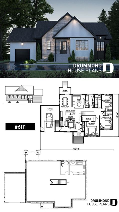 Farmhouse With Garage, Mudroom Pantry, Garage Mudroom, Drummond House Plans, Sims 4 House Plans, Sims 4 House Building, Suburban House, Garage House Plans, Sims House Plans