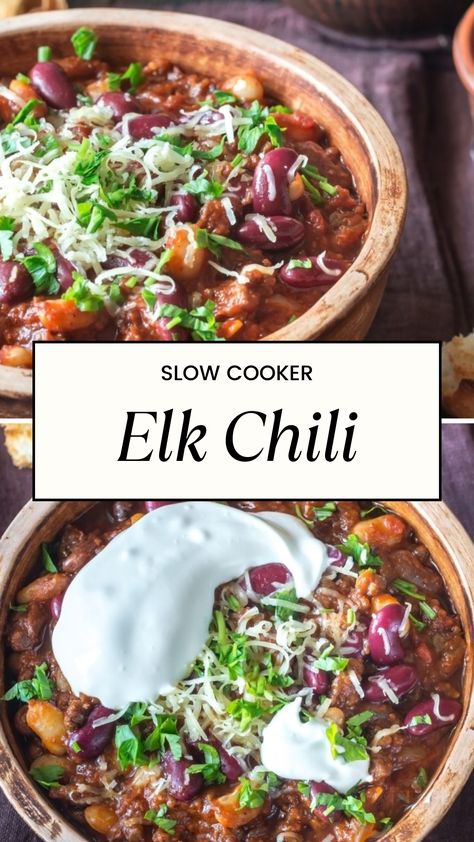 Slow Cooker Elk Chili Ground Elk Chili, Elk Chili Recipe Crockpot, Elk Chili Recipe, Ground Elk Recipes, Elk Chili, Kid Dinners, Elk Meat, Elk Recipes, Chili Beans