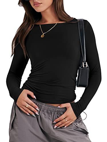 ANRABESS Women Long Sleeve Slim Fit Crop Top Going Out Tight T-Shirt Trendy Tees Streetwear Going Out Crop Tops, Tight Crop Top, Slim Fit Crop Top, Workout Attire, Y2k Outfits, Trendy Tee, Long Sleeve Crop Top, Black Long Sleeve