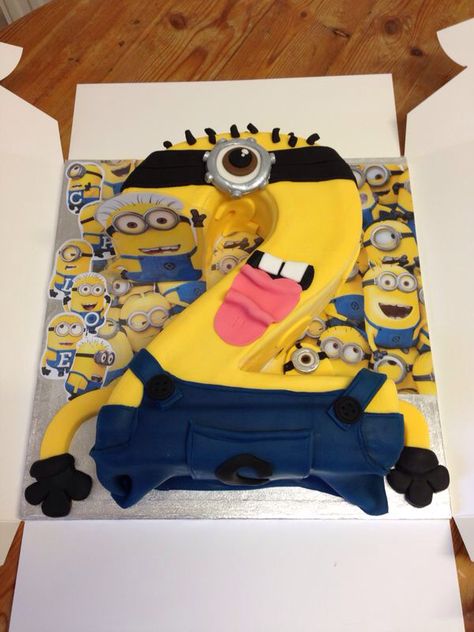 Minion number 2 cake Minion Number Cake, Number 2 Cakes, Minion 2, Minion Cake, Minion Birthday, Number Cakes, Cool Birthday Cakes, Birthday Cookies, Kids Cake