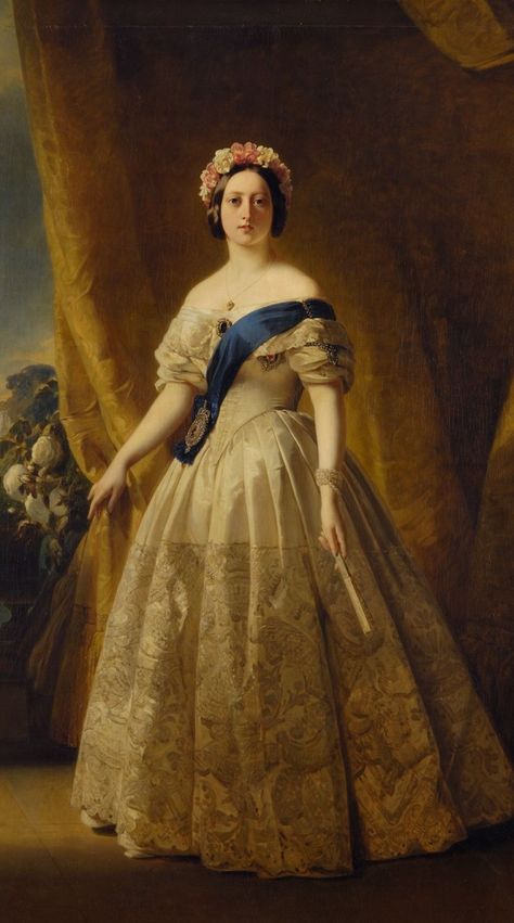 https://flic.kr/p/28ghb4C | Queen Victoria 1845 Portait by Franz Xaver Winterhalter | Victorian style and custom was influenced by this Queen. Queen Victoria Dress, 1800s Dresses, Young Queen Victoria, Franz Xaver Winterhalter, Era Victoria, Queen Victoria Family, Queen Victoria Prince Albert, Victoria Reign, Victorian Era Fashion