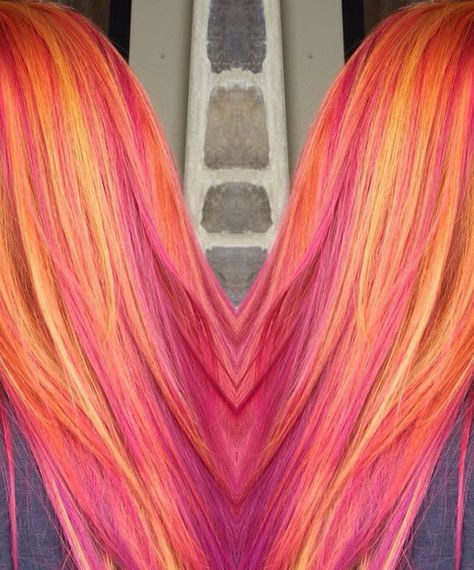 Citrus Hair Color, Pink Orange And Yellow Hair, Orange And Pink Hair, Orange And Yellow Hair, Pink And Yellow Hair, Pink And Orange Hair, Funky Hair Colors, Peach Hair Colors, Diy Hair Dye