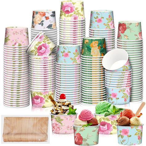 PRICES MAY VARY. Sufficient Quantity: package includes 120 pieces of paper ice cream cups, with 6 different pattern designs, 20 pieces for each pattern, comes with 120 pieces of ice cream plastic spoons; Ample quantity to meet your parties demands, and you can share them with friend and family; Individually wrapped spoons are cleaner Beautiful Flower Elements: the paper soup bowls are designed with beautiful flowers with rich expressions, attractive and interesting, make your snacks more charmin Cups For Wedding, Ice Cream Snacks, Tea Party Supplies, Bridal Shower Tea Party, Floral Ice, Ice Cream Cups, Summer Party Themes, Snack Cups, Ice Cream Cup