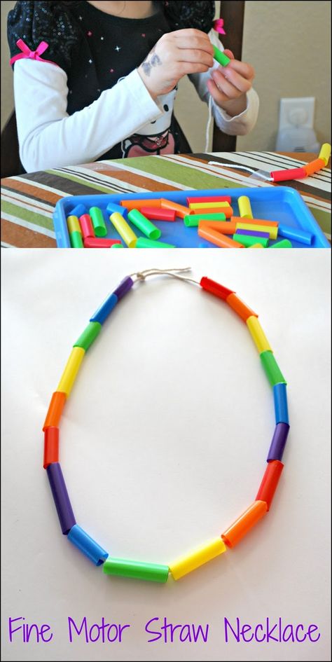 Fine Motor Straw Necklace - create this pretty rainbow necklace while working on fine motor skills. Straw Necklace, Aktiviti Tadika, Maluchy Montessori, Funky Fingers, Aktiviti Kanak-kanak, Preschool Fine Motor, Baby Activities, Fine Motor Skills Activities, Motor Skills Activities