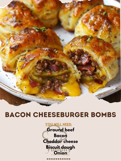 🍔 Bacon Cheeseburger Bombs: All the flavors of a bacon cheeseburger packed into bite-sized delights! #BurgerBiteBlast Bacon Cheeseburger Bombs Ingredients: Ground beef (1 lb (450g)) Bacon, cooked and crumbled (1/2 cup (100g)) Cheddar cheese, cubes (1/2 inch (1.25 cm) cubes) Biscuit dough (1 can (8 pieces)) Onion, minced (1/4 cup (40g)) Mustard (2 tbsp (30ml)) Pickle slices (8 slices) Egg, beaten (1) Instructions: Flatten biscuit dough into rounds. Top with beef, bacon, cheese, onion, pick... Beef Burger Recipes For Dinner, Dough Burgers Recipes, Ground Beef Bacon Recipes, Smoked Ground Beef Recipes, Cheeseburger Biscuits, Ashley Rivera, Onion Pickle, Best Burger Recipe, Pickle Slices