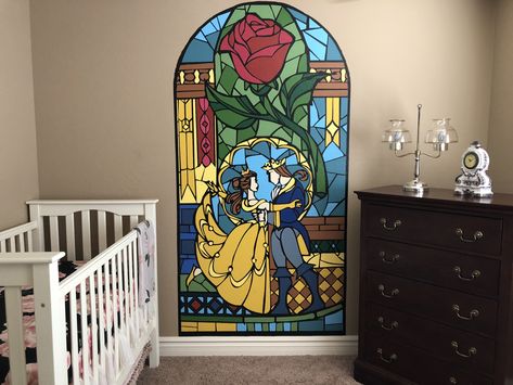 Beauty and the beast mural painted by me in our nursery #potterybarnbedding #beautyandthebeast #disney #cricut #nursery #theme Beauty And The Beast Bedroom Ideas, Beauty And The Beast Inspired Room, Disney Princess Nursery Theme, Beauty And The Beast Nursery, Beauty And The Beast Room, Princess Nursery Theme, Beauty And The Beast Bedroom, Disney Themed Bedrooms, Disney Wall Murals