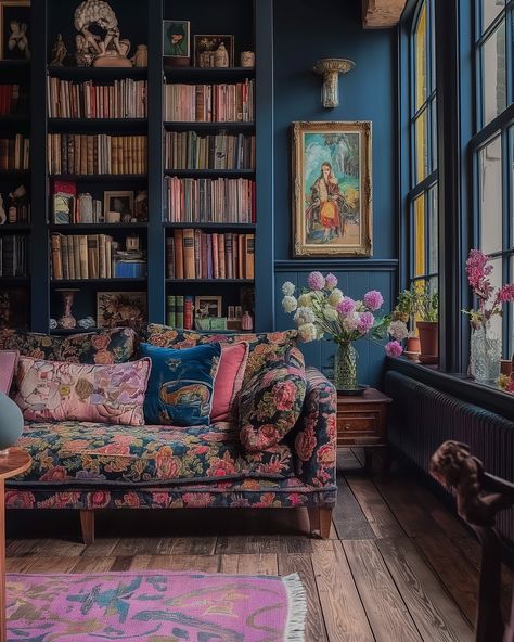 Eclectic Home Library, Colorful Library Room, Maximalist Library, Sunroom Library, Maximalist Room Decor, Dream Home Library, Maximalism Interior, Colour Interior, Eclectic Homes