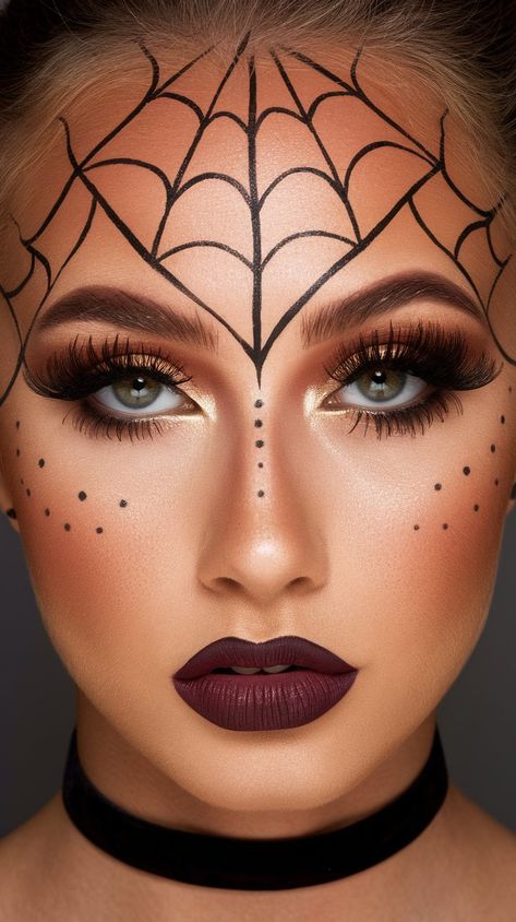 Embrace the Halloween spirit with this stunning spiderweb makeup look! Featuring intricate black web designs on the forehead, complemented by bold lashes and a deep burgundy lip, this look is perfect for any spooky celebration. Add a choker to elevate your style and make a statement at your next costume party! Spiderweb Makeup, Burgundy Lips, Halloween Spider Web, Web Designs, Deep Burgundy, Halloween Spirit, Spirit Halloween, Spider Web, Makeup Inspo