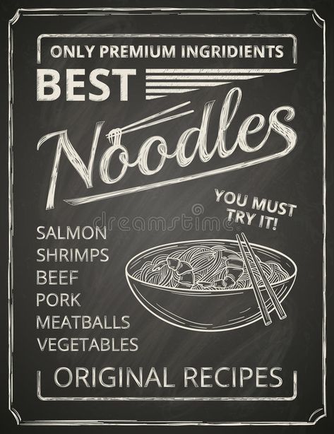 Noodles poster. On chalkboard stylized like chalk drawing #Sponsored , #SPONSORED, #Sponsored, #poster, #drawing, #chalk, #Noodles Noodles Drawing, Noodles Poster, Blackboard Lettering, Diy Noodles, Noodles Menu, Beef And Pork Meatballs, Chalk Menu, Blackboard Drawing, Typo Poster