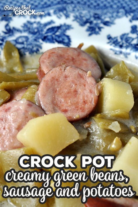 This Creamy Crock Pot Green Beans, Sausage and Potatoes takes one of our tried and true favorites and adds a little something to take it to the next level! via @recipescrock Green Beans Sausage And Potatoes, Green Beans Sausage, Beans In Crock Pot, Crock Pot Green Beans, Sausage Potatoes Green Beans, Crockpot Sausage And Potatoes, Sausage And Green Beans, Crockpot Green Beans, Creamy Green Beans