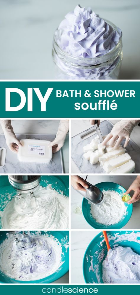 Learn how to create your own luxurious whipped soaps, foaming body butters, and sugar scrubs with this DIY Bath & Shower Soufflé receipie from CandleScience. Whipped Soap Diy, Whipped Scrub, Săpunuri Handmade, Bath Stuff, Soap Ideas, Foaming Bath, Homemade Bath, Diy Kosmetik, Homemade Soap Recipes