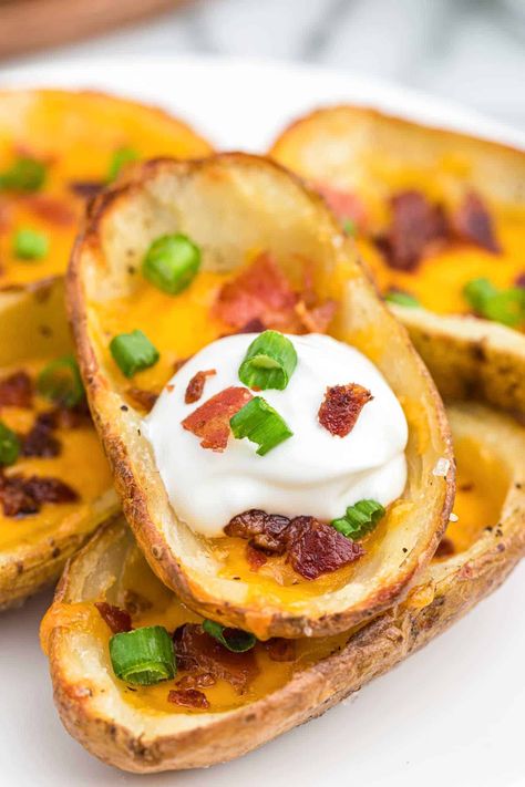 Potato Skins Easy, Air Fryer Potato Skins, Homemade Potato Skins, Potato Skins Recipe, Air Fryer Potato, Baked Potato Skins, Potatoe Skins Recipe, Cooked Potatoes, Little Sunny Kitchen