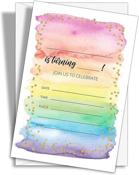 Amazon.com : YQV Colorful Rainbow Birthday Party Invitations, 20-Count Watercolor Rainbow Glitter Birthday Party Invites With Envelopes-HBYQK-B59 : Home & Kitchen Rainbow Birthday Party Invitations, Glitter Birthday Party, Glitter Birthday Parties, Birthday Party Invites, Colorful Invitations, Kids Rainbow, Lucky 7, Rainbow Birthday Party, Glitter Birthday