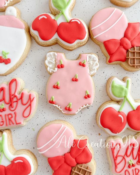 Cherries baby shower cookies 🍒🍼 Pricing? 👉🏻 https://msha.ke/alecreations918 • • • • #alecreations918 #tulsasmallbuisness #tulsaoklahoma #decoratedsugarcookies #customcookies #cookie #cookies #decoratedcookies #inspirationcookies #cookiesofinstagram #desserts #dessertideas #dessertideas #partyideas #party #sugarcookies #royalicing #royalicingcookies #cookies #cookiesideas #royalicingideas #cherriescookies #cherriescookery #cherriesbabyshower #cherriesbaby #cherriesparty #cherriesdessert #cherr... Shes The Cherry On Top Baby Shower Theme, Girl Baby Shower Strawberry Theme, Cherry Theme Baby Shower Ideas, Baby Shower Strawberry Theme, Cherry Baby Shower Theme, Cherry On Top Baby Shower Theme, Top Baby Shower Themes, Cherry Party, Girl Shower Themes