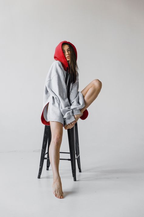 #oversized_hoodie #oversized_for_women #basic_oversized #casual_oversized #sweatshirts_long
Red skinny rounded model. Hoodie is made of gray cotton knitwear. It is sleek and comfortable to the touch. The model is rounded: shorter in front and longer in the back. The hood and bottom trim have a red color. You will be able to create many stylish images with this thing. Oversized Hoodie Photoshoot, Oversized Photoshoot, Hoodie Photoshoot Ideas, Hoodie Poses, Hood Photoshoot, Hoodie Photoshoot, Stylish Images, Sitting Cross Legged, Red Hood