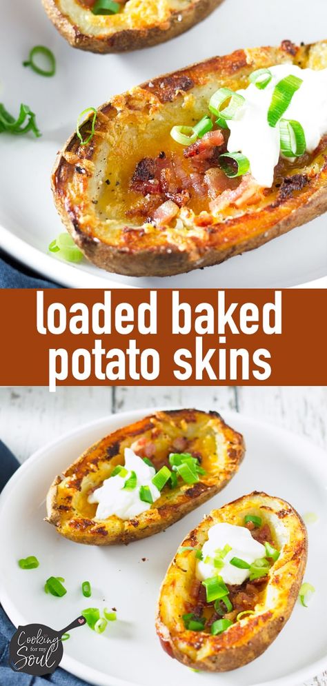 Loaded Potato Skins! Easy potato skins appetizer loaded with bacon, cheddar cheese, and sour cream. My favorite potato skins recipe! #potatoskins #loadedpotatoskins #potatoappetizer #appetizers Easy Potato Skins, Appetizers Potato, Appetizers Game Day, Potato Skins Easy, Loaded Baked Potato Skins, Potato Skins Appetizer, Potato Skins Recipe, Loaded Potato Skins, Baked Potato Skins