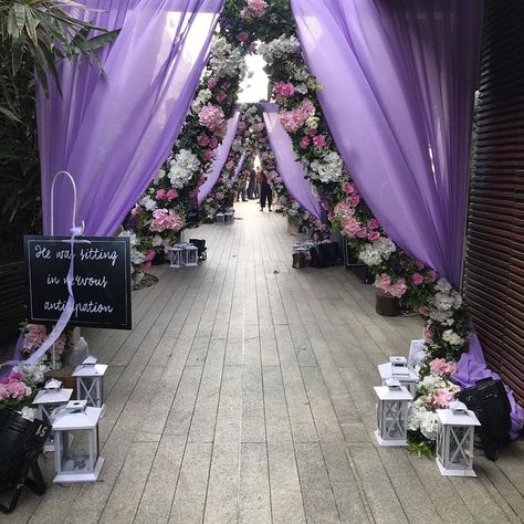 Beautiful wedding decor perfect for a day wedding.   #weddingdecor #weddingflowers #weddingdecoration #weddingvenue #eventdesign #shaadisaga #shaadisagafashion Lavender Wedding Decorations, Ethereal Decor, Jai Guruji, Lavender Wedding Theme, Church Entrance, Parneeti Chopra, Lavender Decor, Wedding Entrance Decor, Wedding Planning Decor